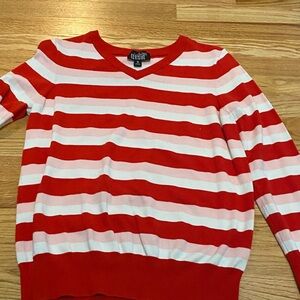 Red and White Striped V-Neck Sweater